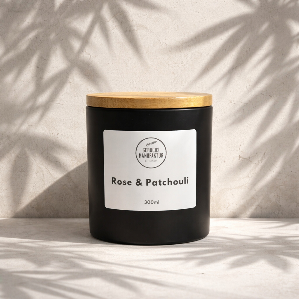 Premium-Duftkerze Rose und Patchouli, floral und erdig
