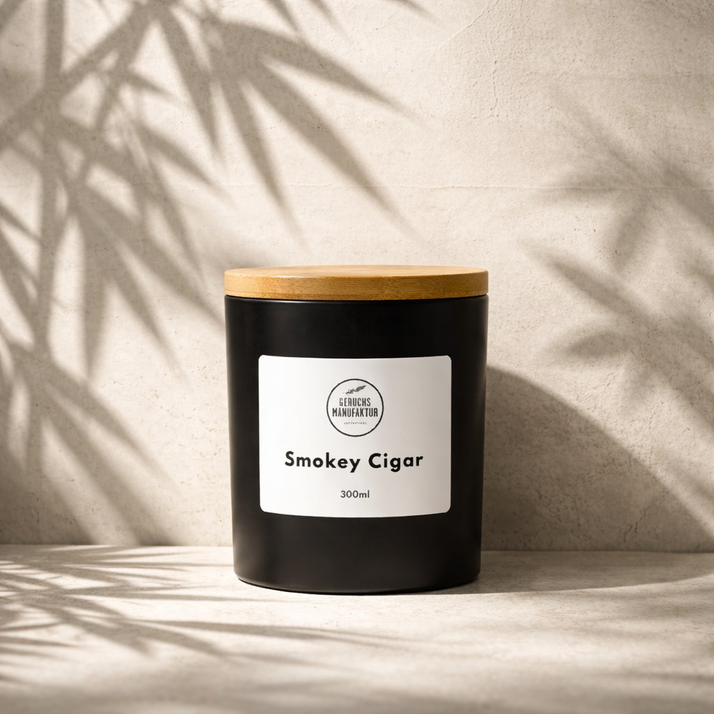 Premium-Duftkerze Smokey Cigar mit Zedernholz und Tabak